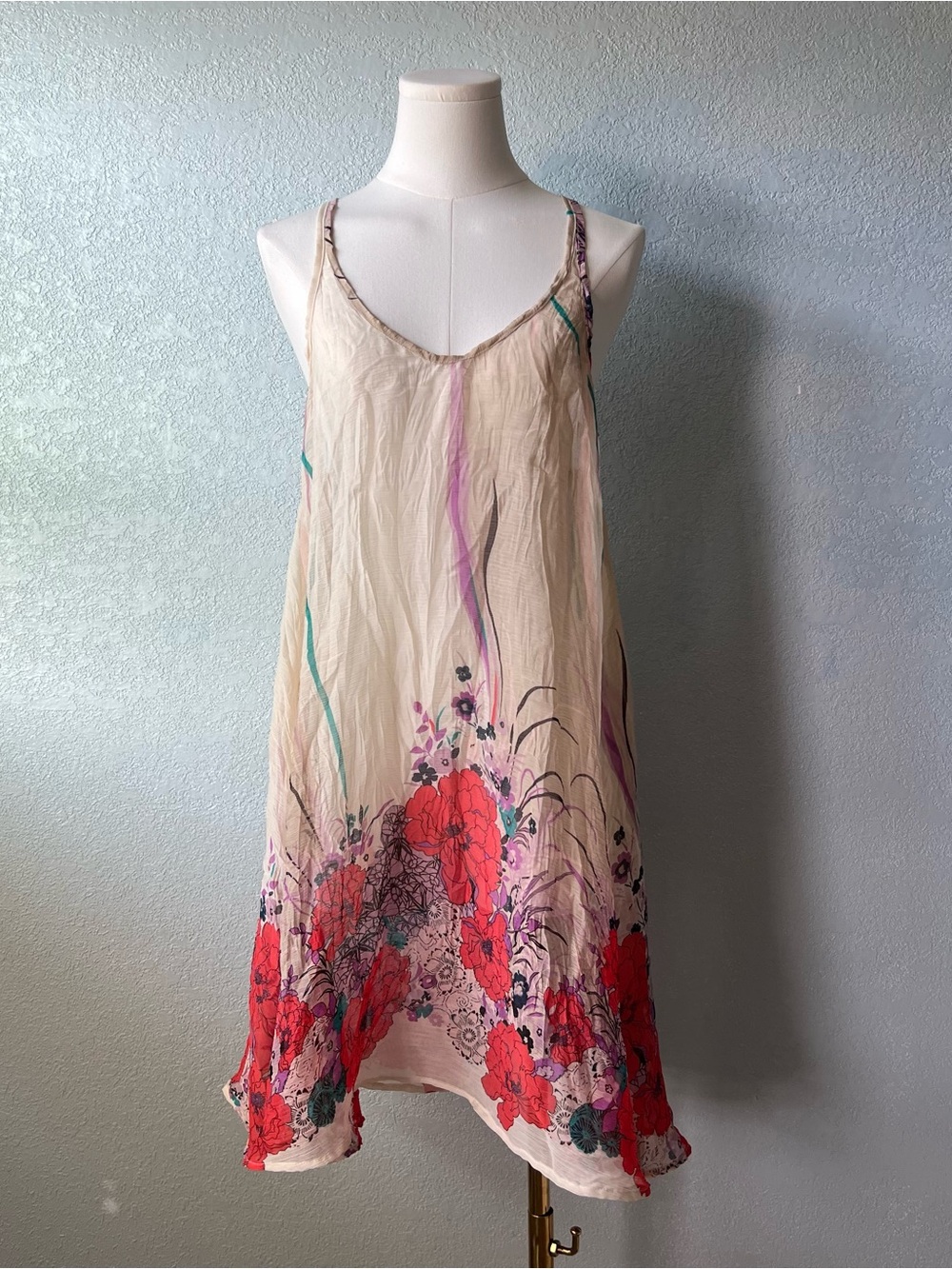 Floral Maxi Dress Cream Red Pink Sheer Boho Sleeveless Flowy Festival Dress M